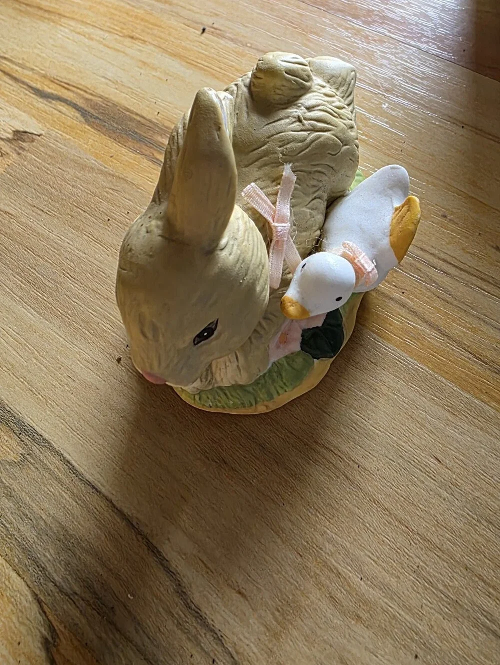 New Vintage Porcelain Rabbit with Duck Figurine - Hand Painted, Pink Accents